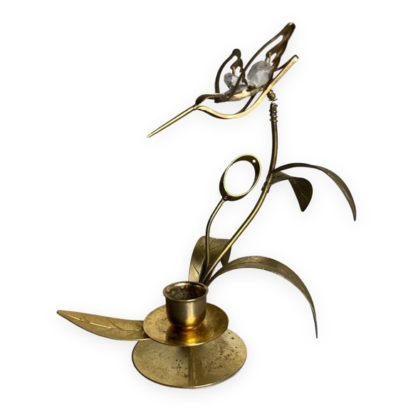 Austrian Crystal Delight Hummingbird Flower Candle Holder 24K Gold Plated READ - Picture 1 of 7